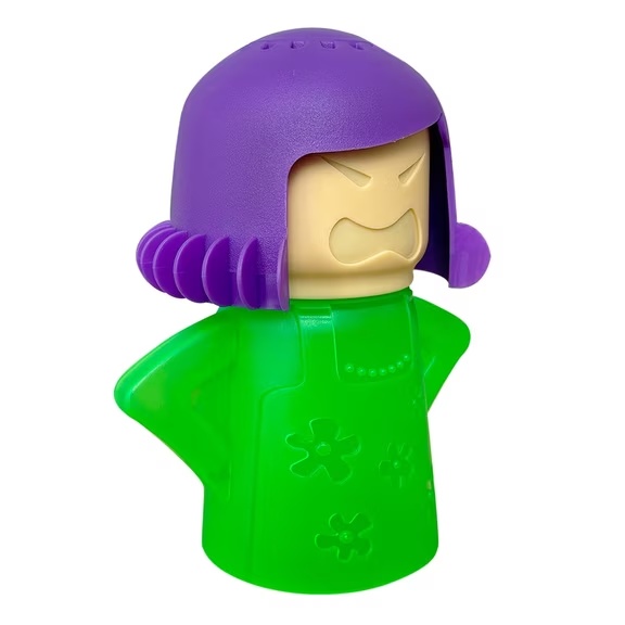 Green Angry Mama microwave cleaner with purple vented hair