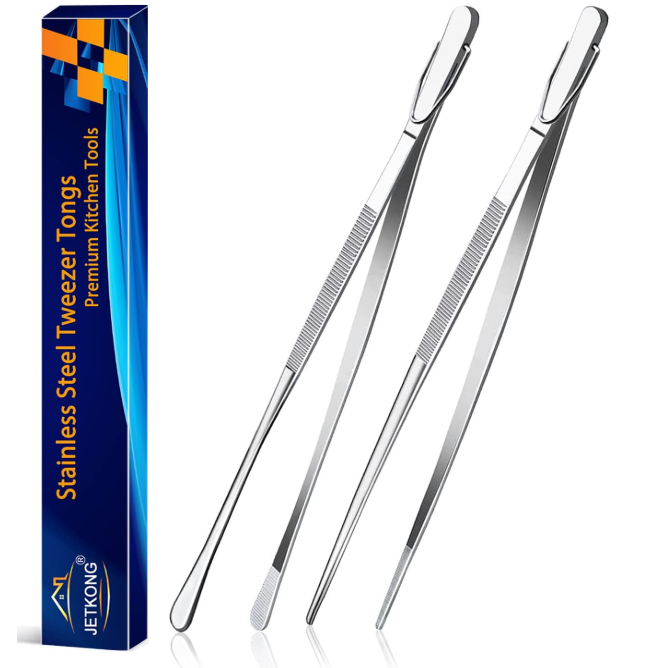 Two JETKONG 12-inch stainless steel kitchen tweezers